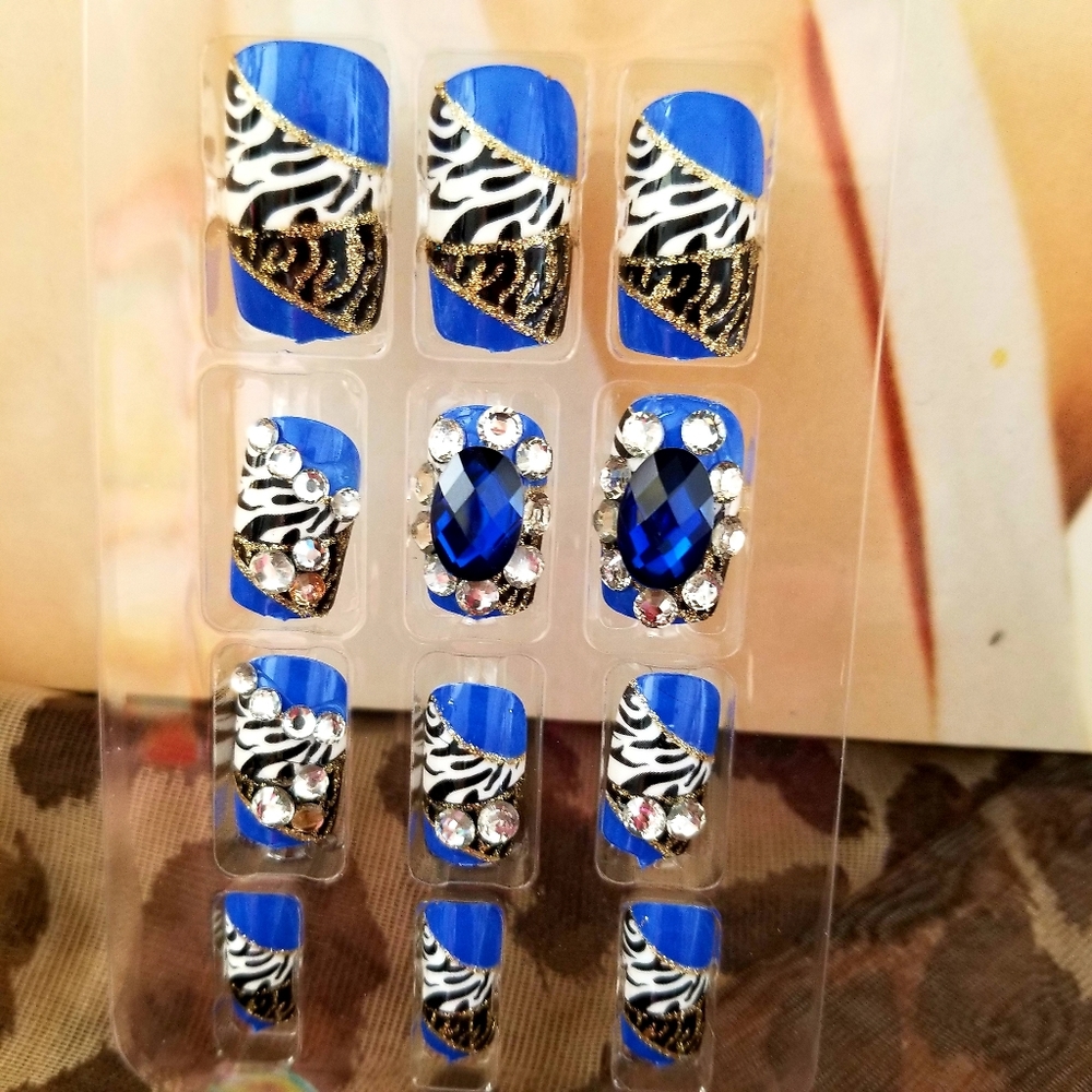 Blue Design Nails  with Rhinstone Zebra Design New